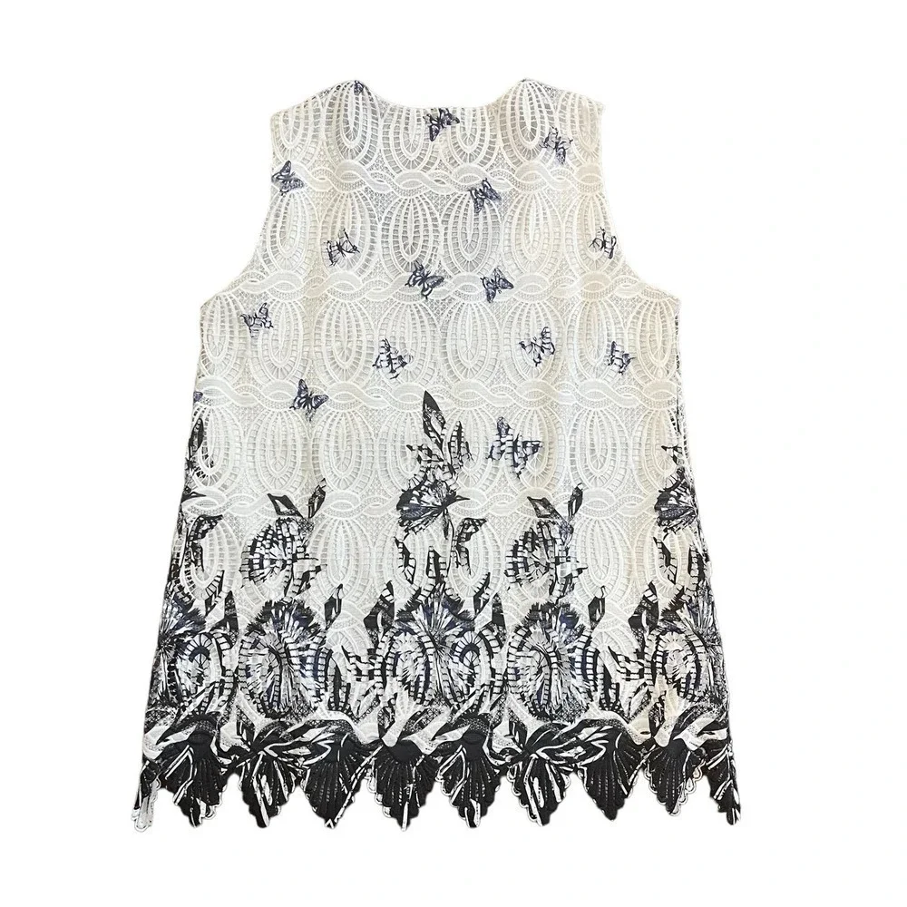 Kamana Butterfly Lace Sleeveless Tunic Blouse Lace Up Neck White Black Size M